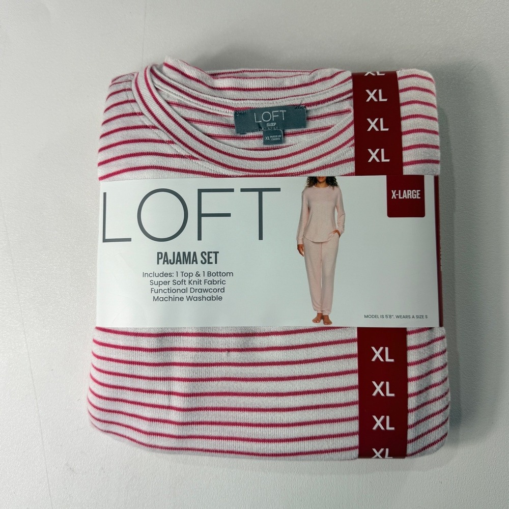 LOFT Pajama Set XL Pink White Fruit Dove Pin Stripe Super Soft Knit 2 Piece NEW